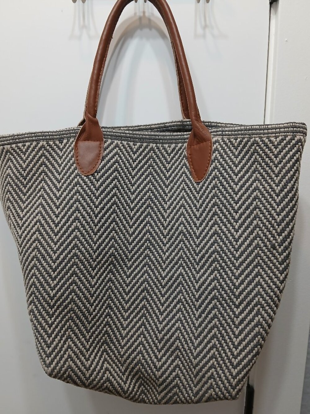 Chevron-Patterned Tote with Tan Leather Handles